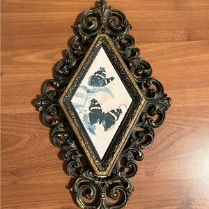Vintage Ornate Diamond Butterfly Wall Plaque in Black & Gold